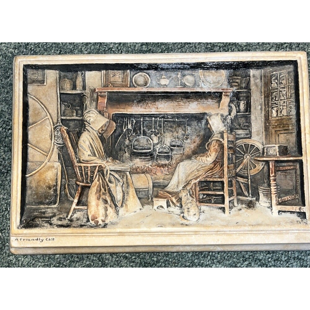 Antique Ivorex England Plaque "A Friendly Call" Wall Hanging ~Women At Fireplace